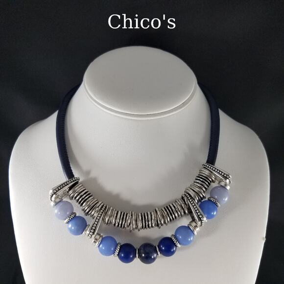 Chico's Gemstone, Lucite & Blue Leather Necklace, Silver Tone Disks, 20 Inches - Picture 1 of 7